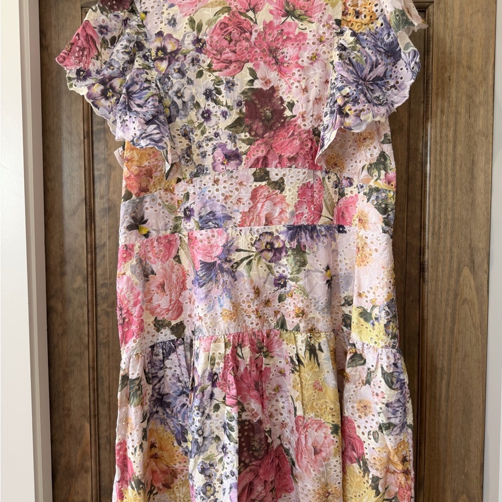 Express Floral Eyelet Tiered Midi Dress - Pink, Purple & Yellow